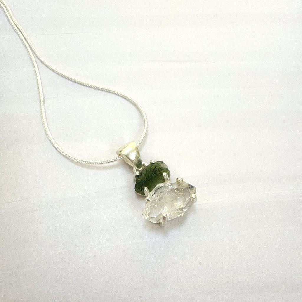 Moldavite with Herkimer Diamond Pendant