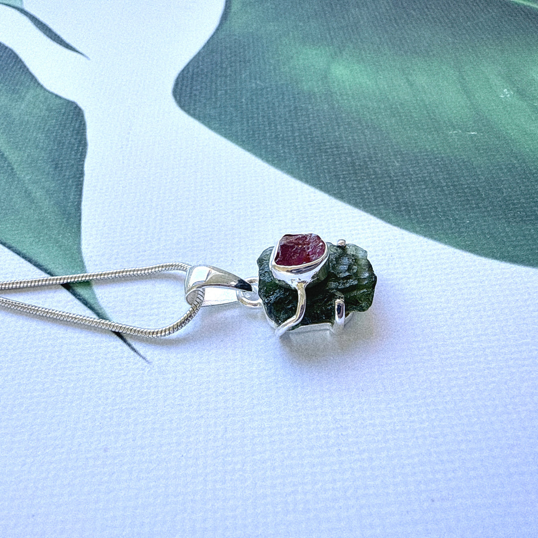 Moldavite & Pink Tourmaline Pendant