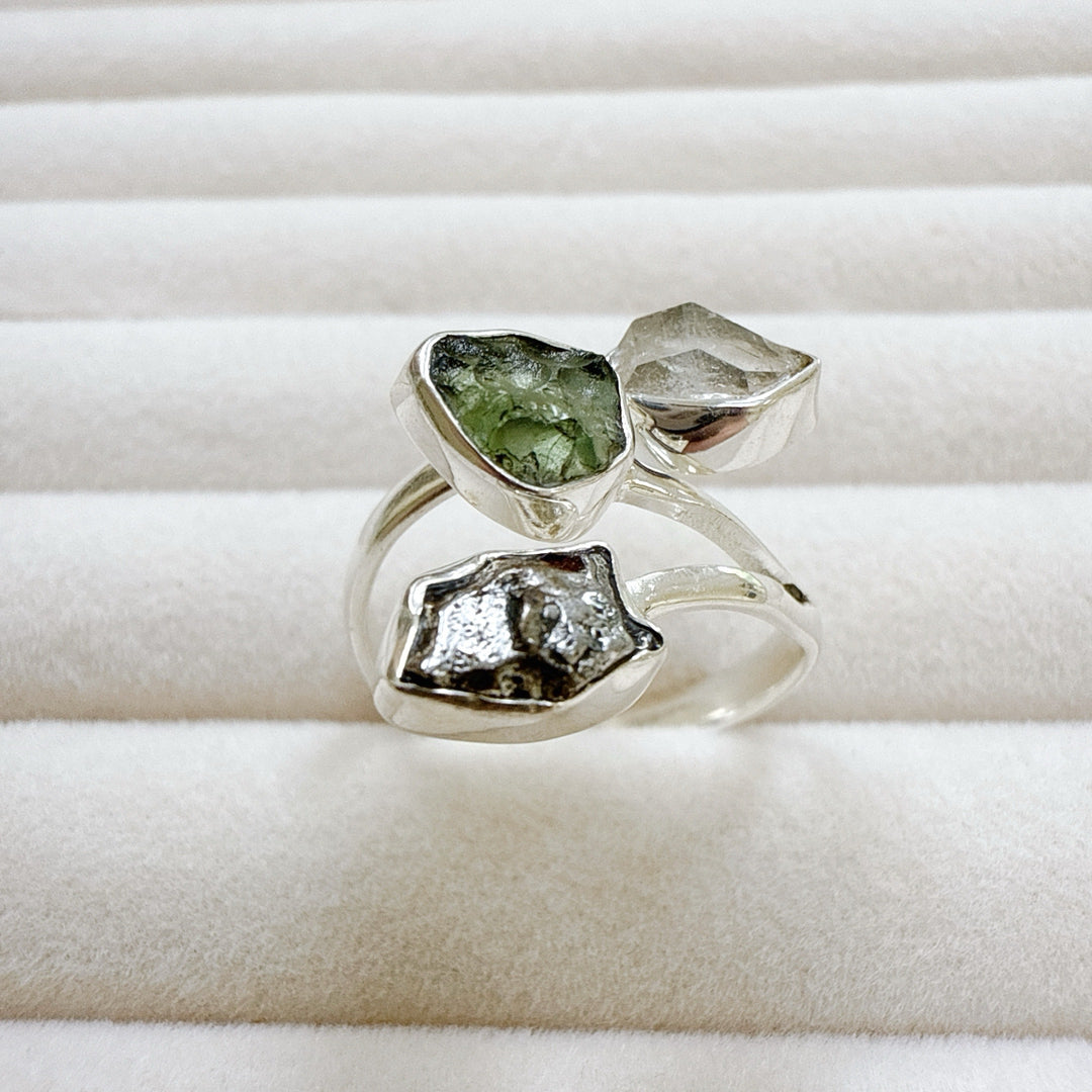 MOLDAVITE, HERKIMER DIAMOND & CAMPO DEL CIELO RING