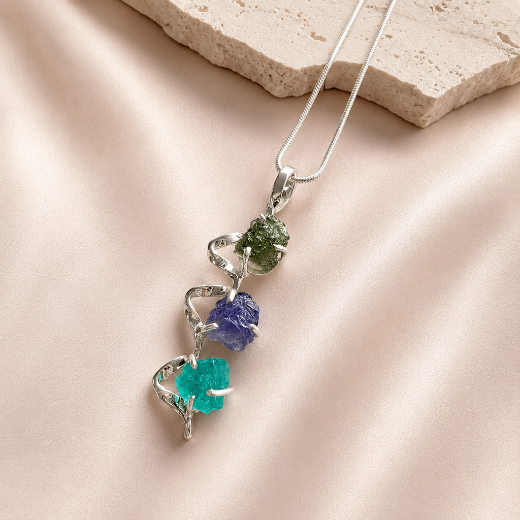 Designer – Genuine  Moldavite, Tanzanite & Neon Blue Apatite Pendant