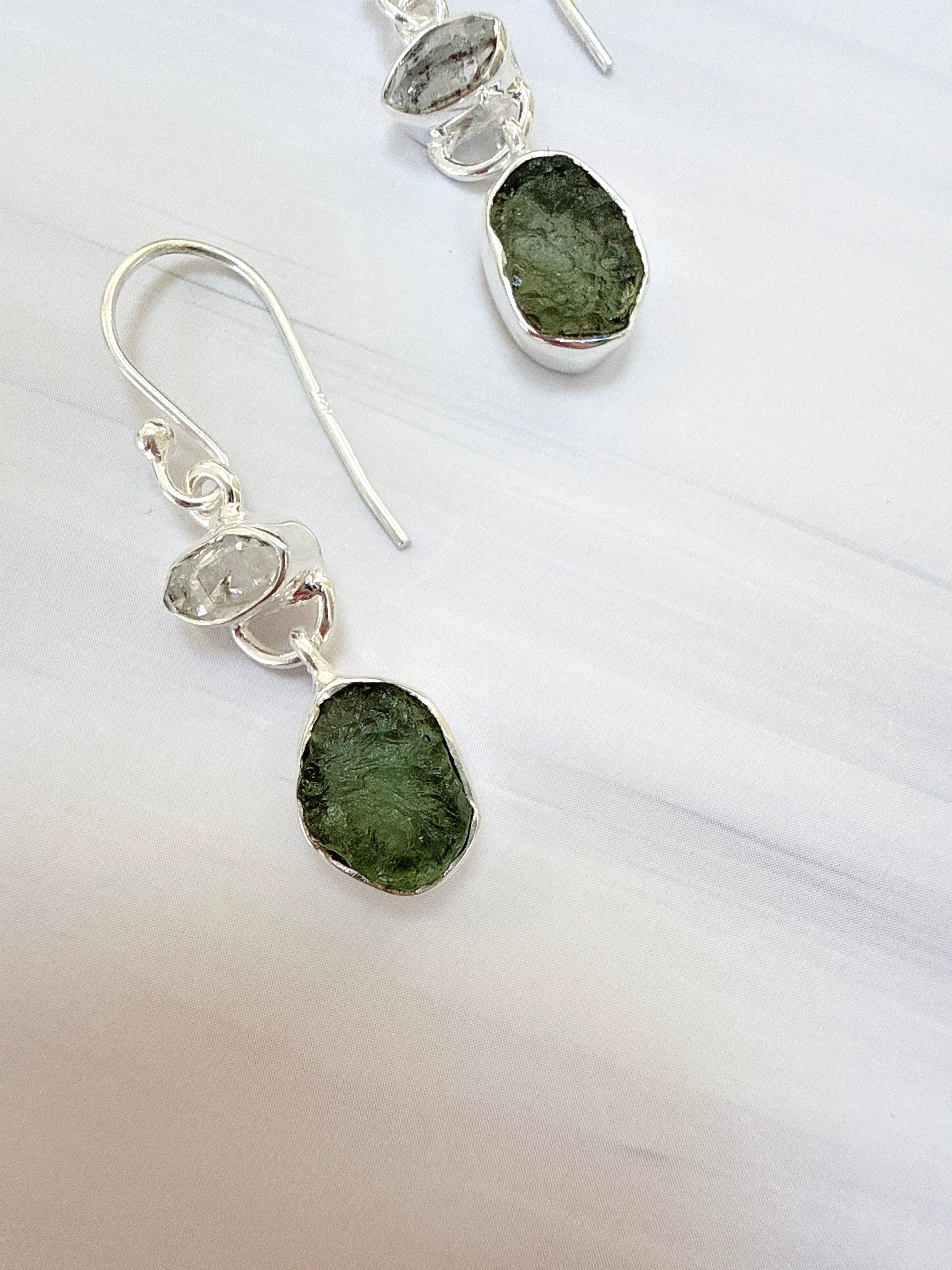 Moldavite & Herkimer Diamond Earrings
