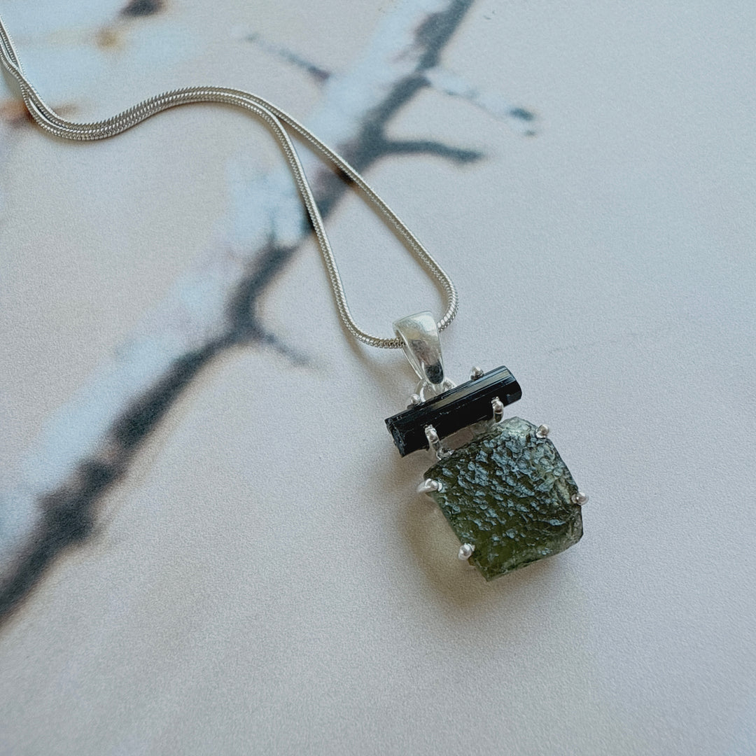 MOLDAVITE & BLACK TOURMALINE PENDANT