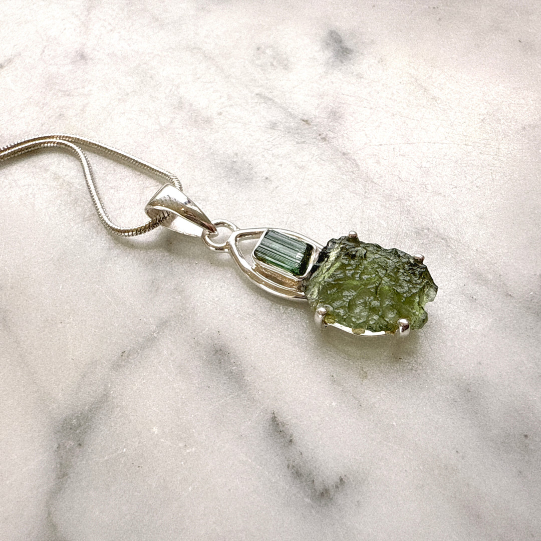 Moldavite & Green Tourmaline Pendant