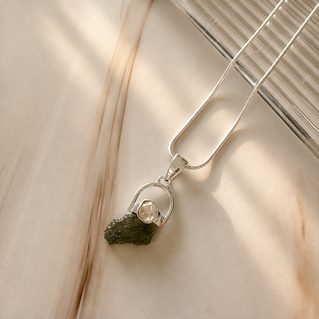 Moldavite with Herkimer Diamond Pendant