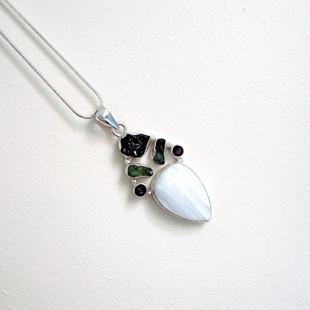 Designer – Scolecite, Moldavite, Shungite & Black Onyx Faceted Pendant