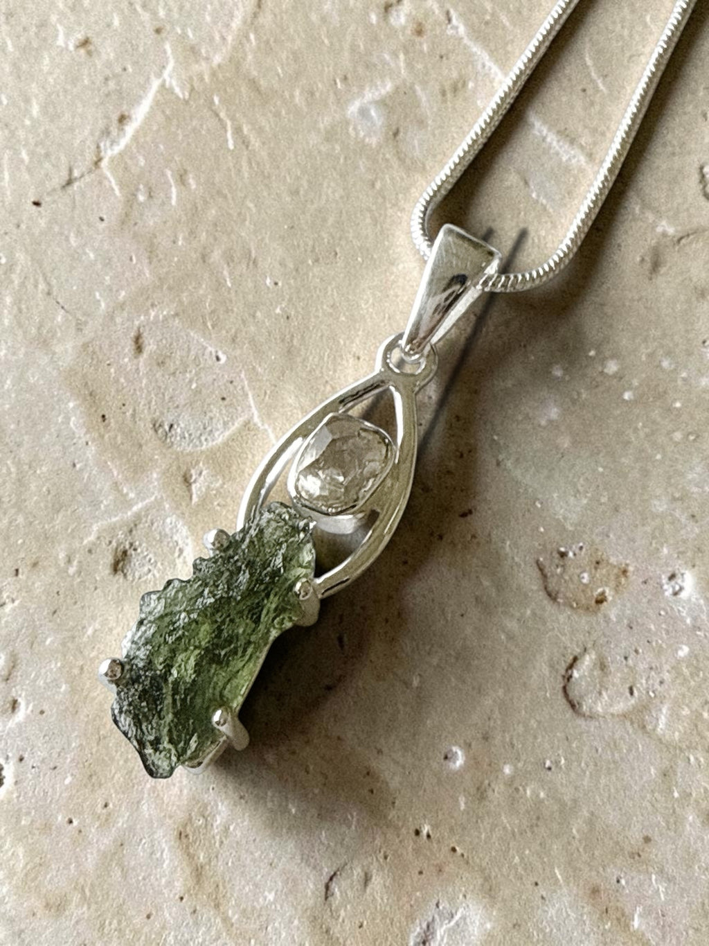 Moldavite with Herkimer Diamond Pendant