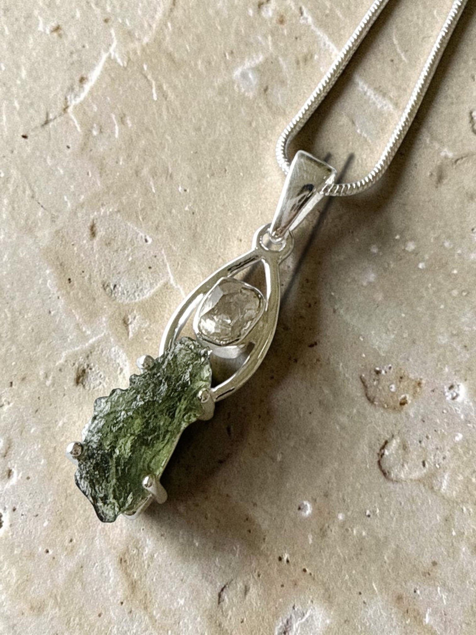 Moldavite with Herkimer Diamond Pendant