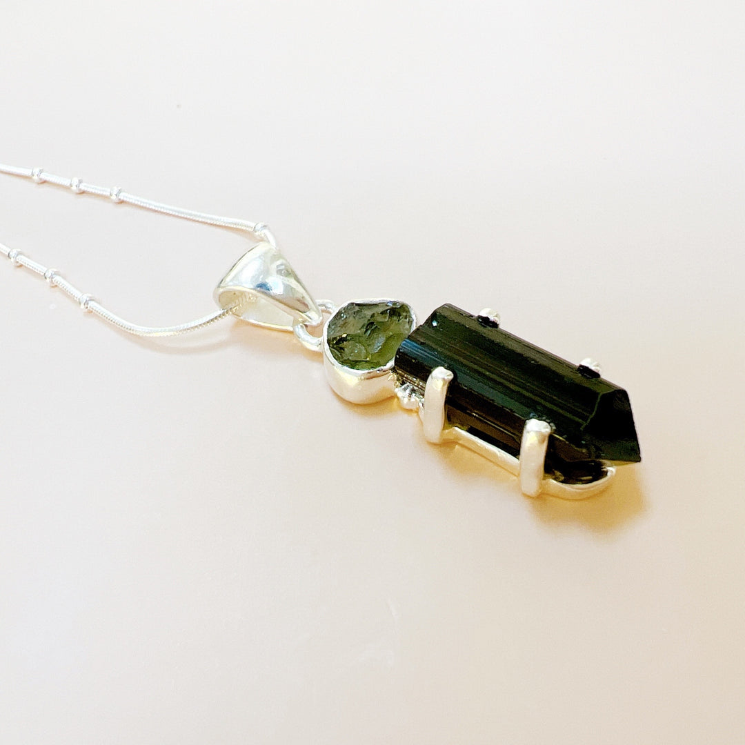 MOLDAVITE & BLACK TOURMALINE PENDANT