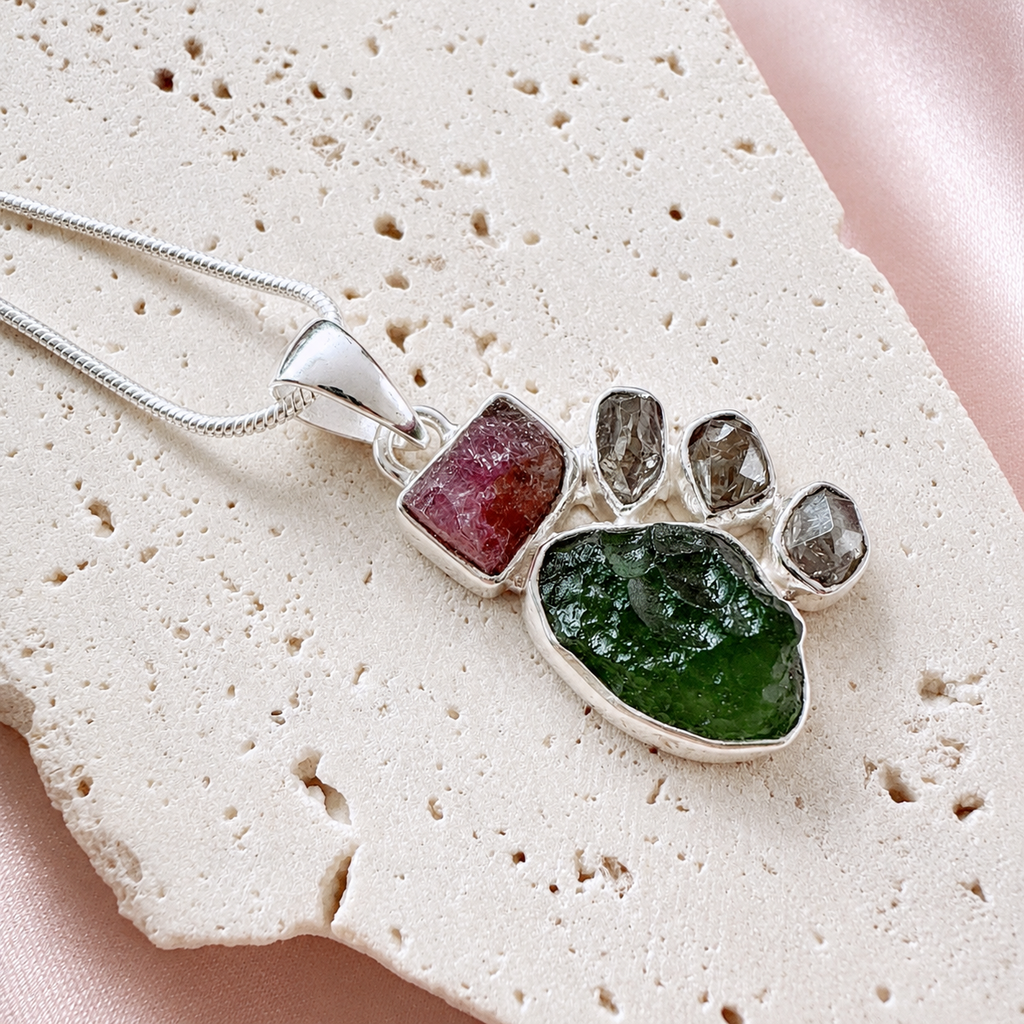 Moldavite, Herkimer Diamond & Pink Tourmaline Rough Pendant