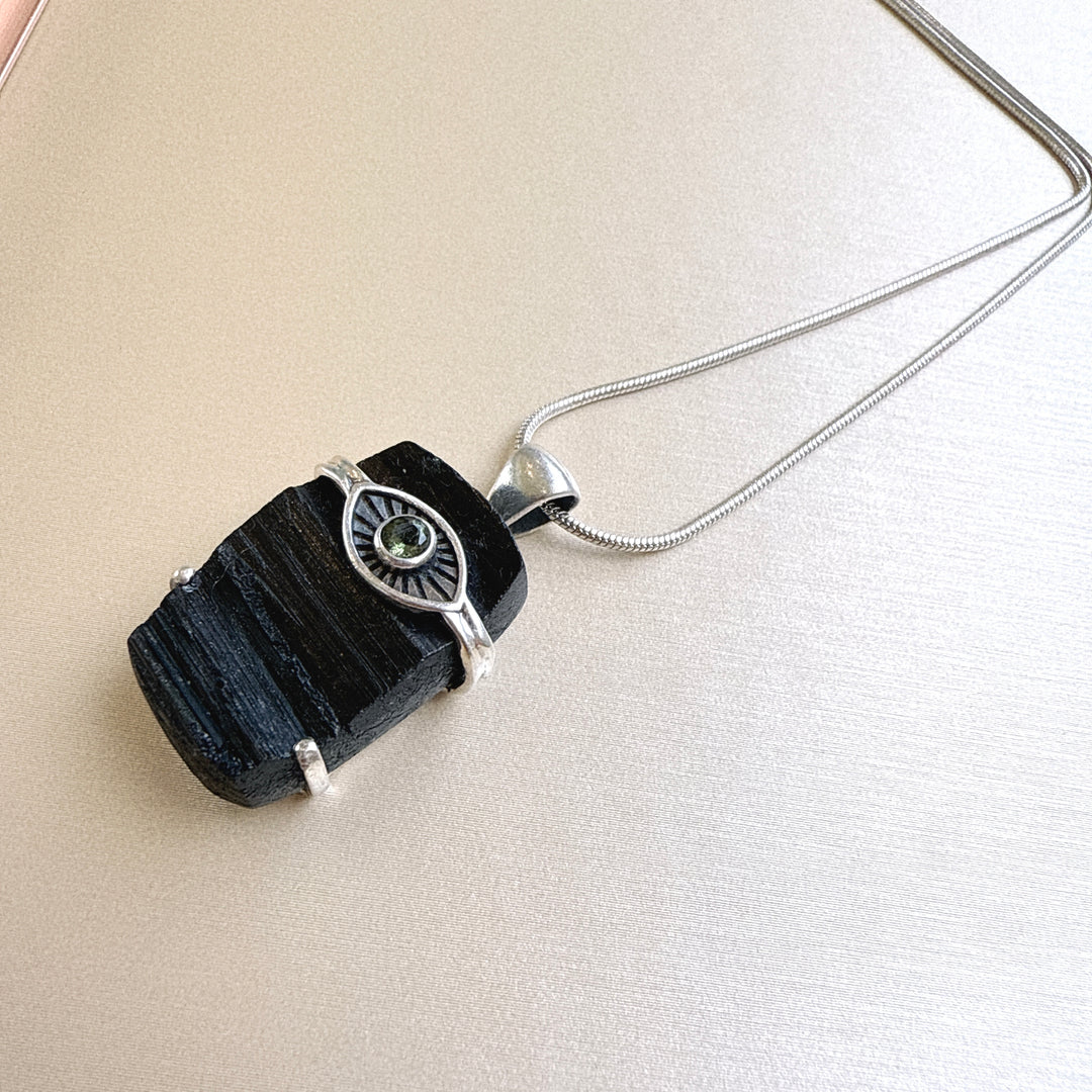 Moldavite Faceted & Black Tourmaline Evil Eye Pendant