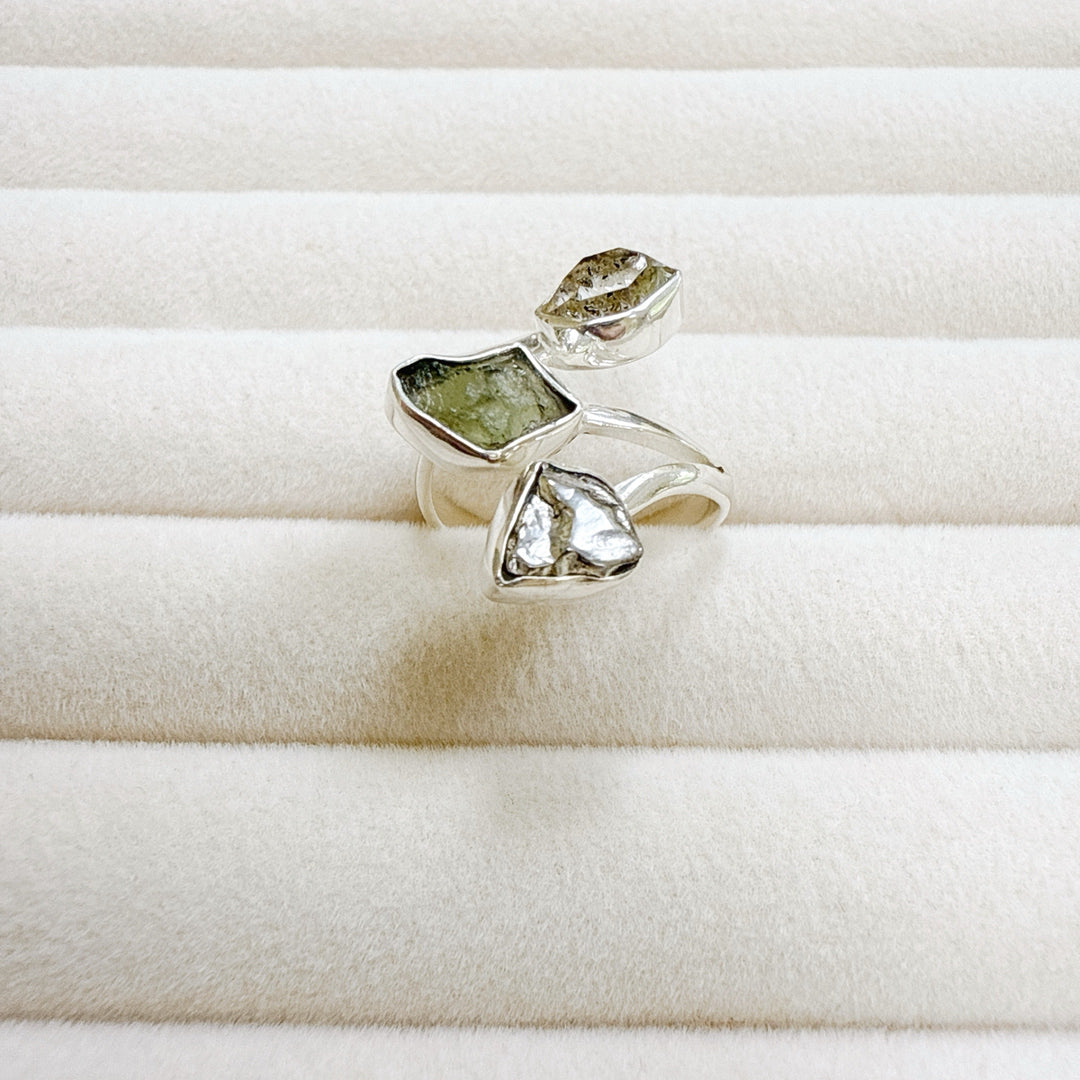MOLDAVITE, HERKIMER DIAMOND & CAMPO DEL CIELO RING
