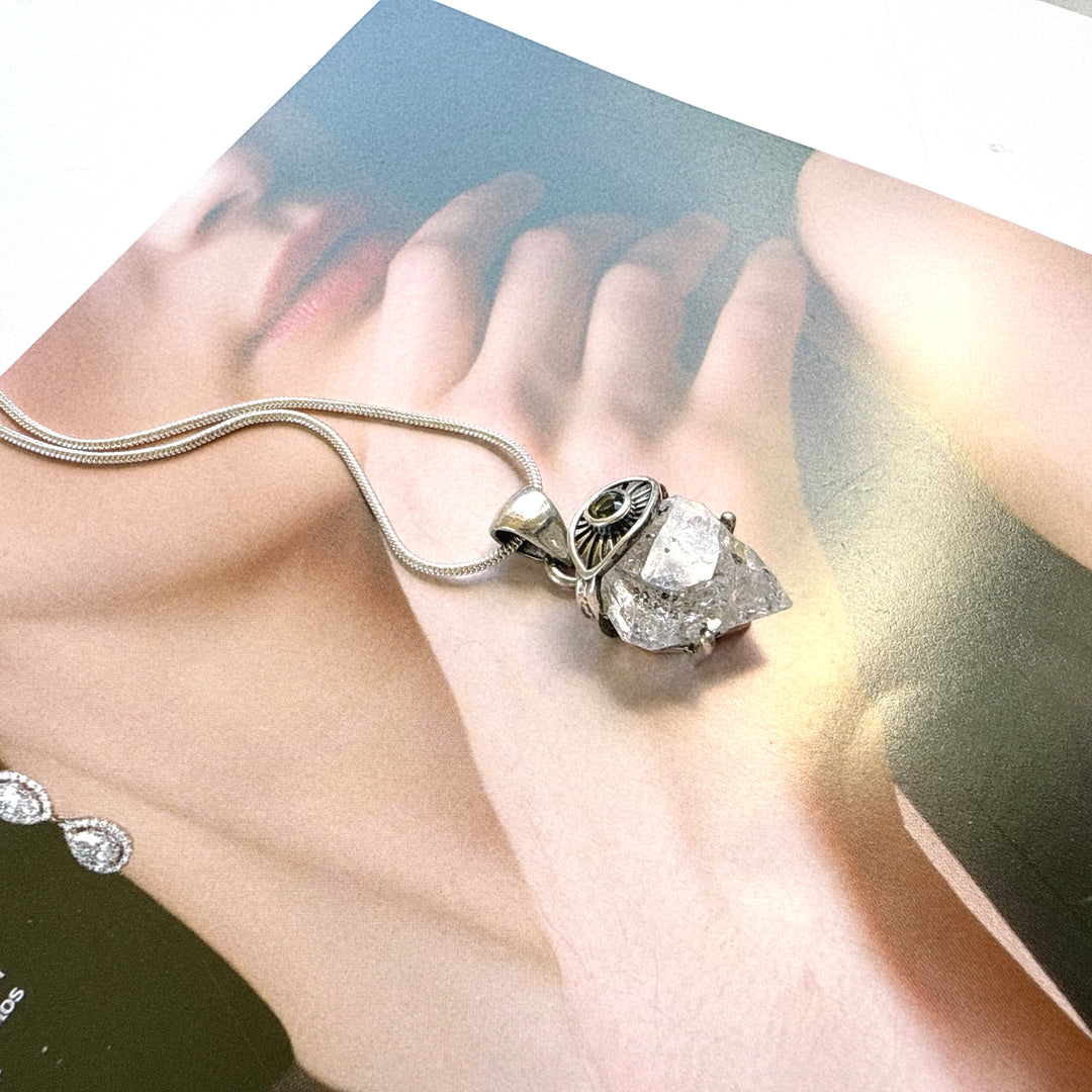 Moldavite & Herkimer Diamond Evil Eye Pendant