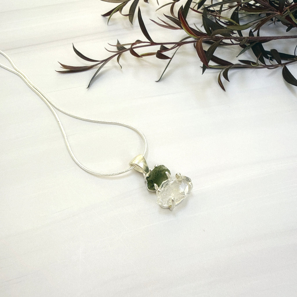 Moldavite with Herkimer Diamond Pendant