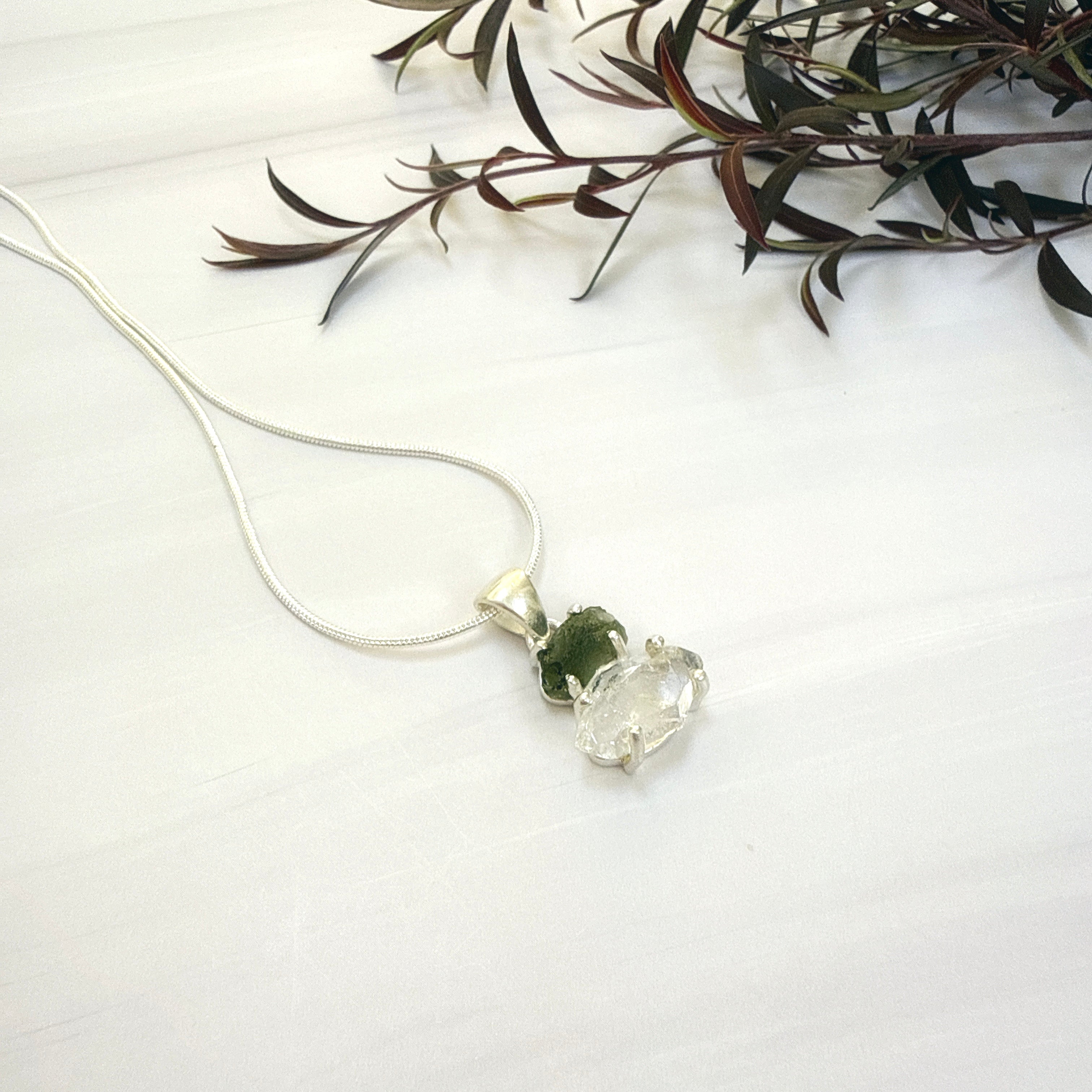 Moldavite with Herkimer Diamond Pendant