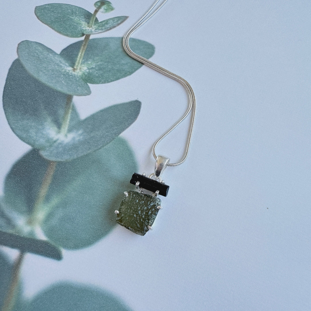 MOLDAVITE & BLACK TOURMALINE PENDANT