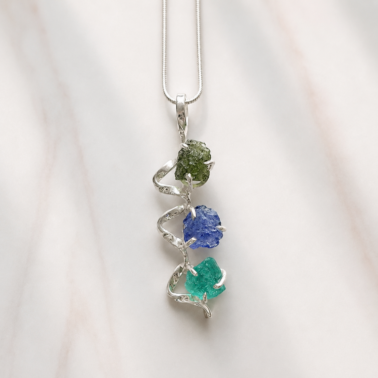 Designer – Genuine  Moldavite, Tanzanite & Neon Blue Apatite Pendant