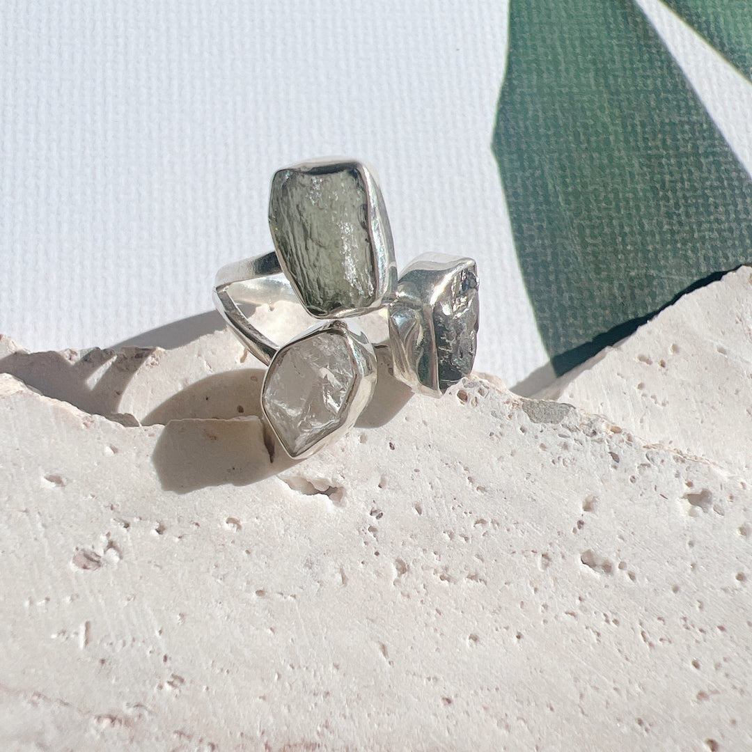 MOLDAVITE, HERKIMER DIAMOND & CAMPO DEL CIELO RING