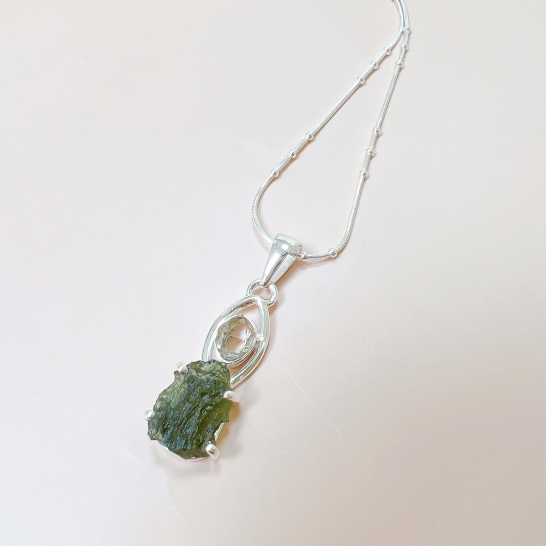 MOLDAVITE & HERKEMIER DIAMOND PENDANT