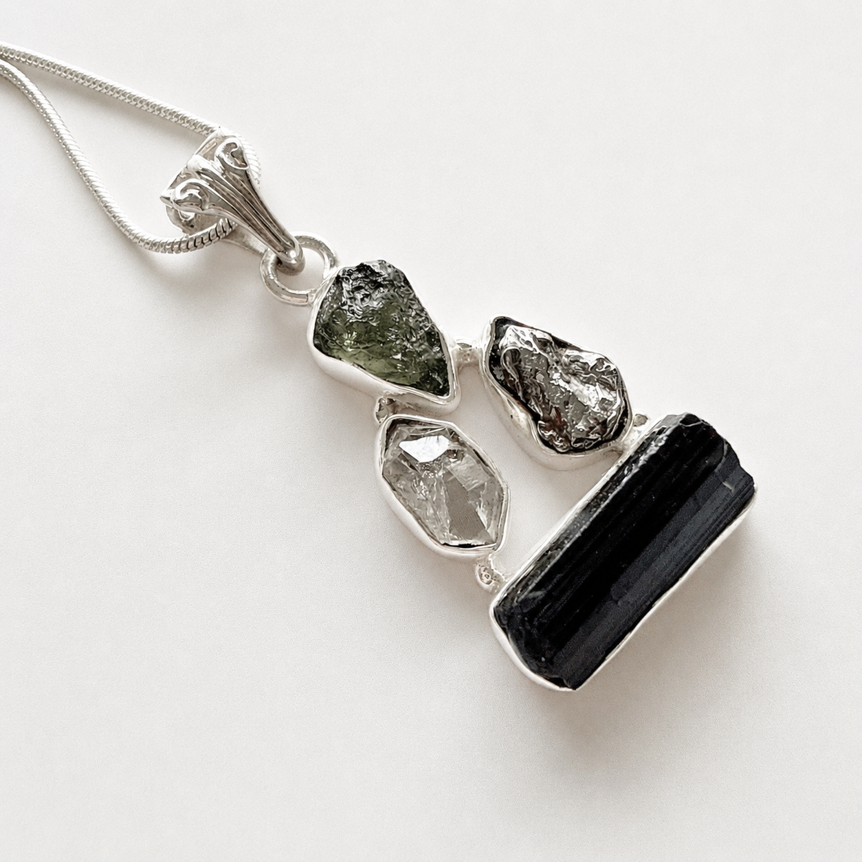 Designer – Moldavite, Herkimer Diamond, Meteorite Campo Del Cielo & Black Tourmaline Pendant