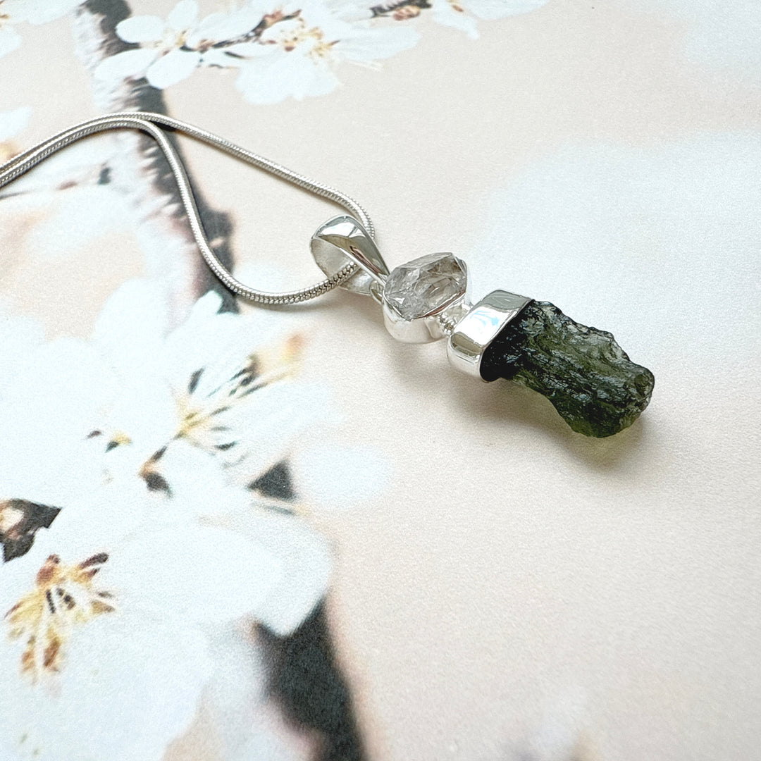 MOLDAVITE & HERKEMIR DIAMOND PENDANT