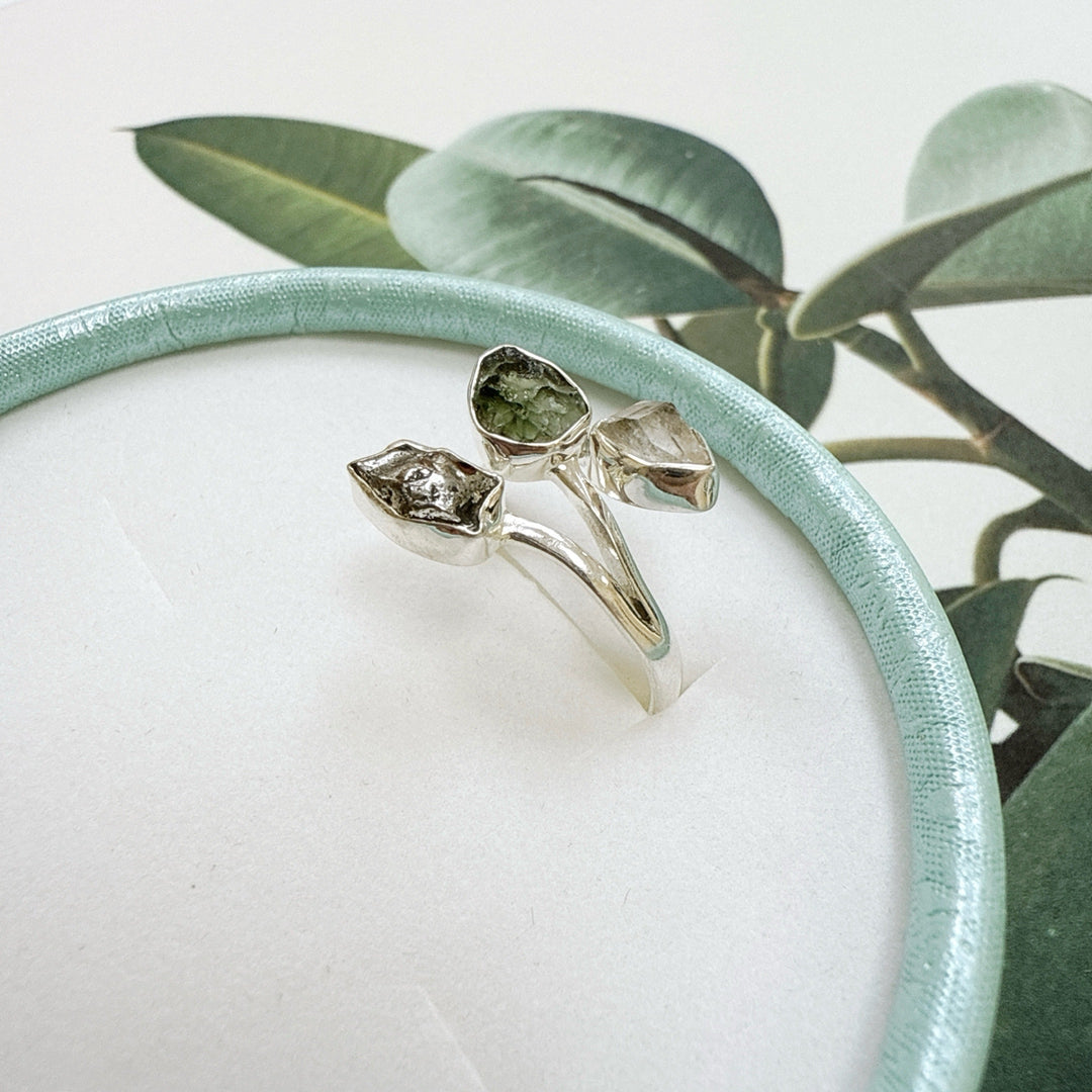 MOLDAVITE, HERKIMER DIAMOND & CAMPO DEL CIELO RING