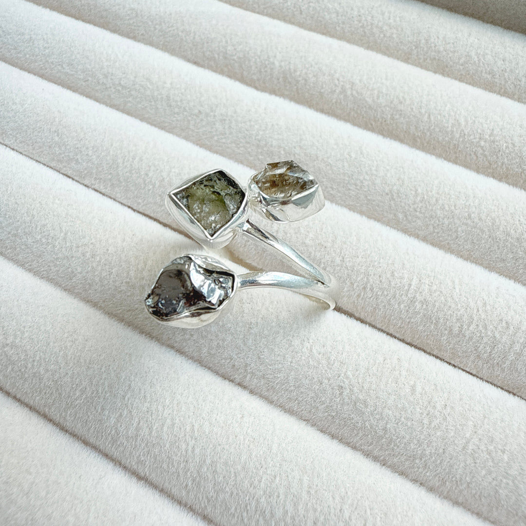 MOLDAVITE, HERKIMER DIAMOND & CAMPO DEL CIELO RING