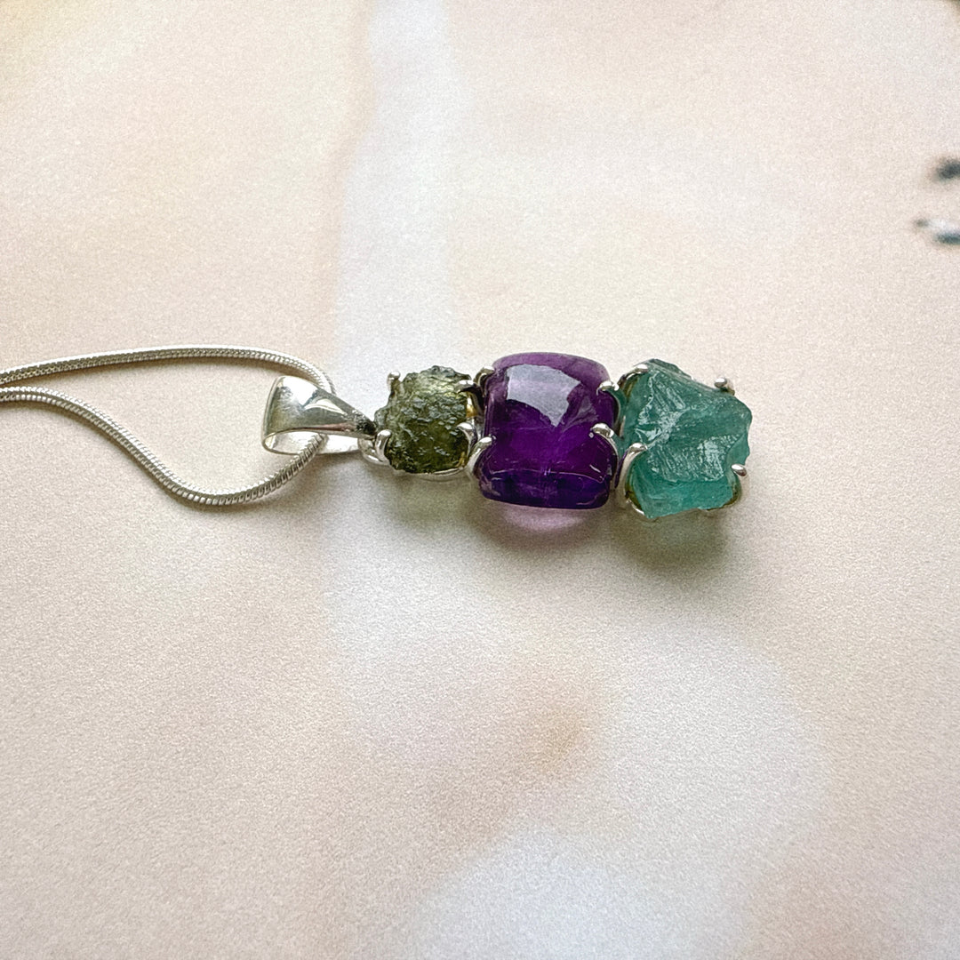 Moldavite, Amethyst & Neon Blue Apatite Pendant