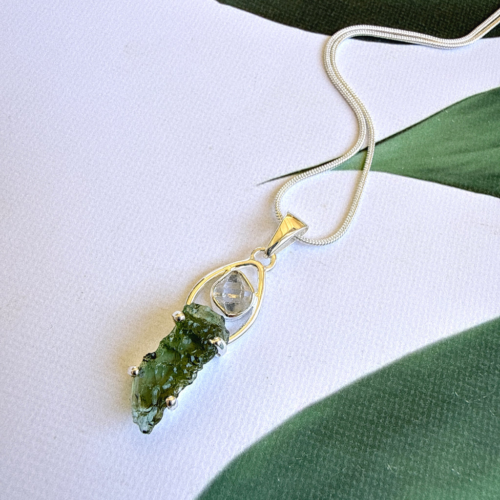 Moldavite & Herkimer Diamond Pendant