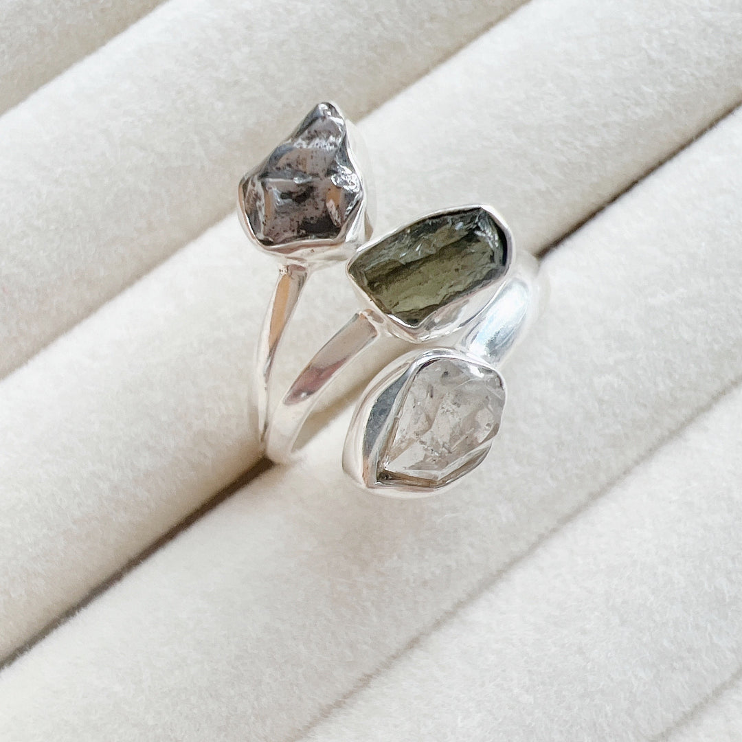 MOLDAVITE, HERKIMER DIAMOND & CAMPO DEL CIELO RING