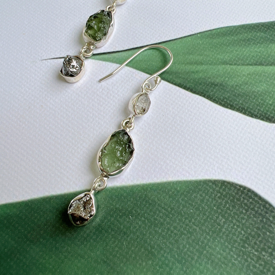 Moldavite, Campo del Cielo & Herkimer Diamond Earrings