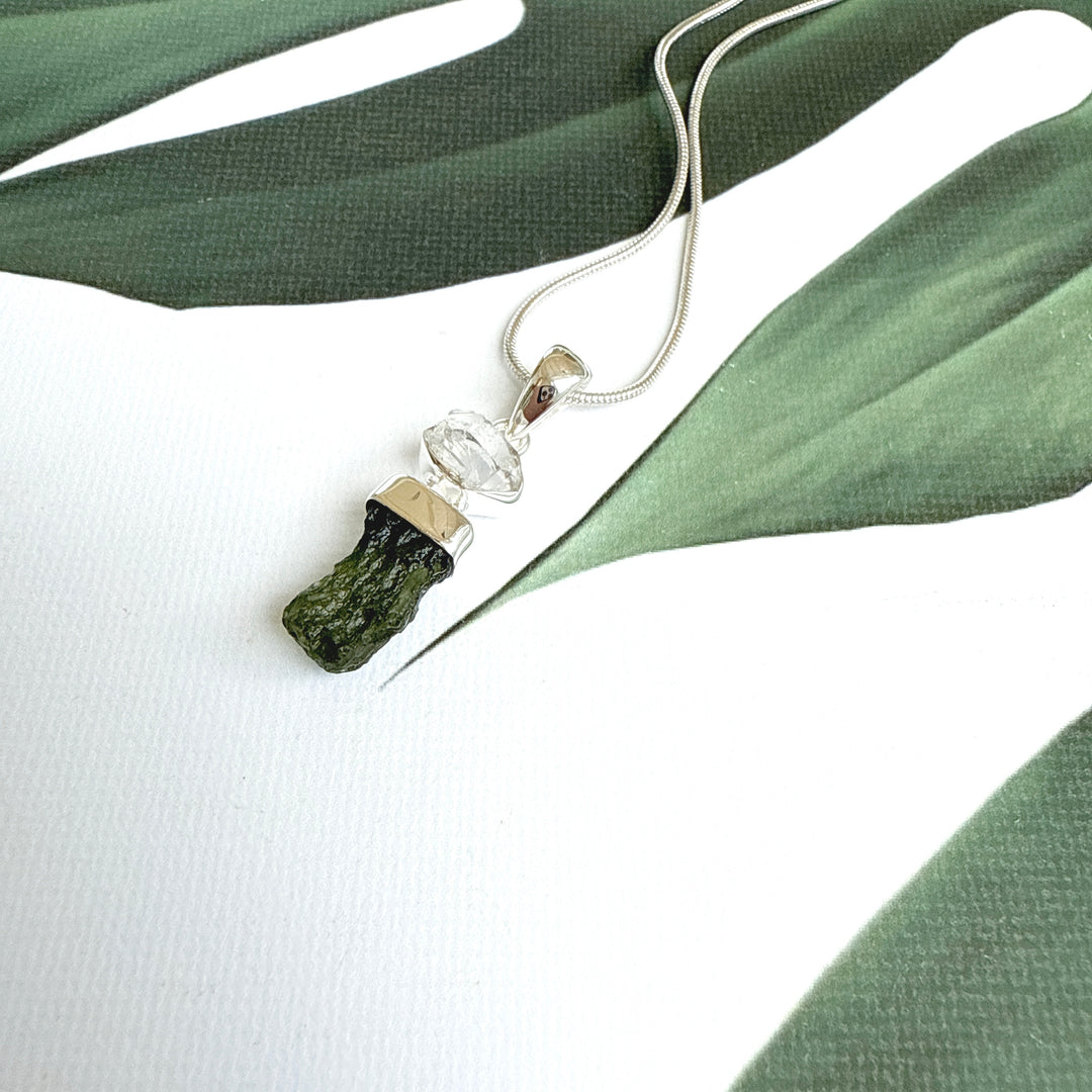 MOLDAVITE & HERKEMIR DIAMOND PENDANT