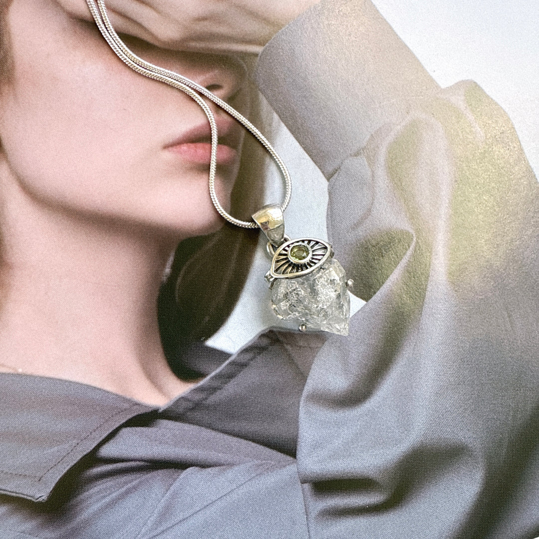 Moldavite & Herkimer Diamond Evil Eye Pendant