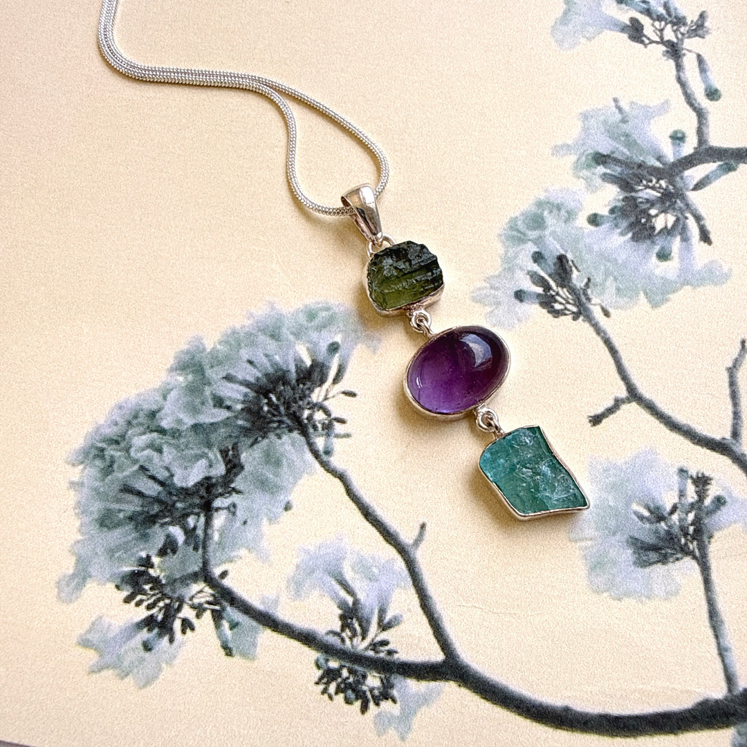 Moldavite, Amethyst & Neon Blue Apatite Pendant