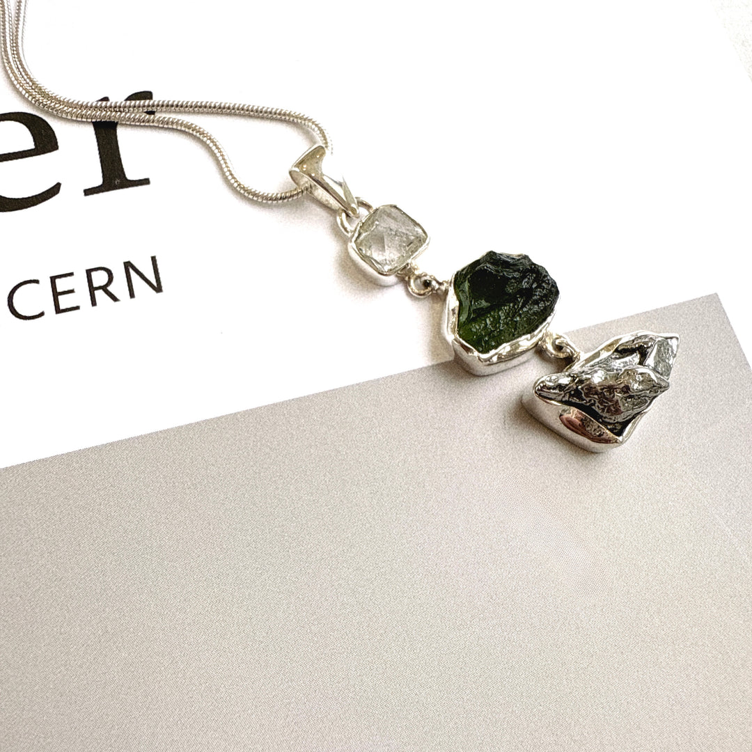 Moldavite, Herkimer Diamond & Campo del Cielo Meteorite Pendant