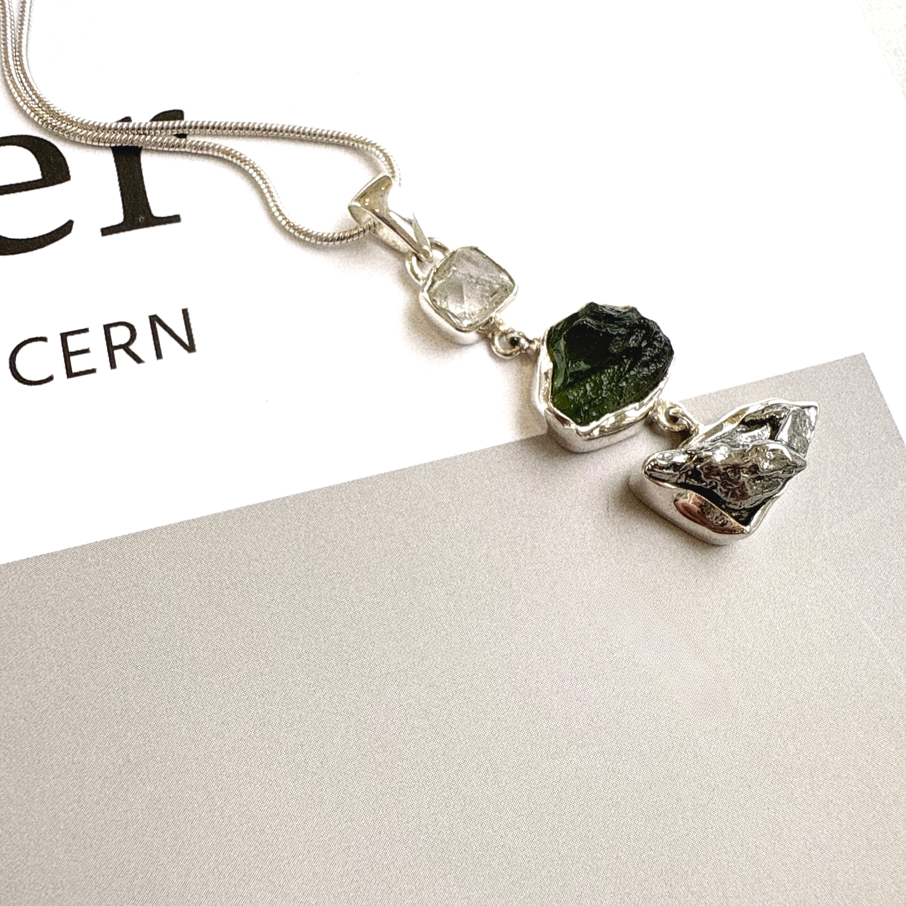 Moldavite, Herkimer Diamond & Campo del Cielo Meteorite Pendant