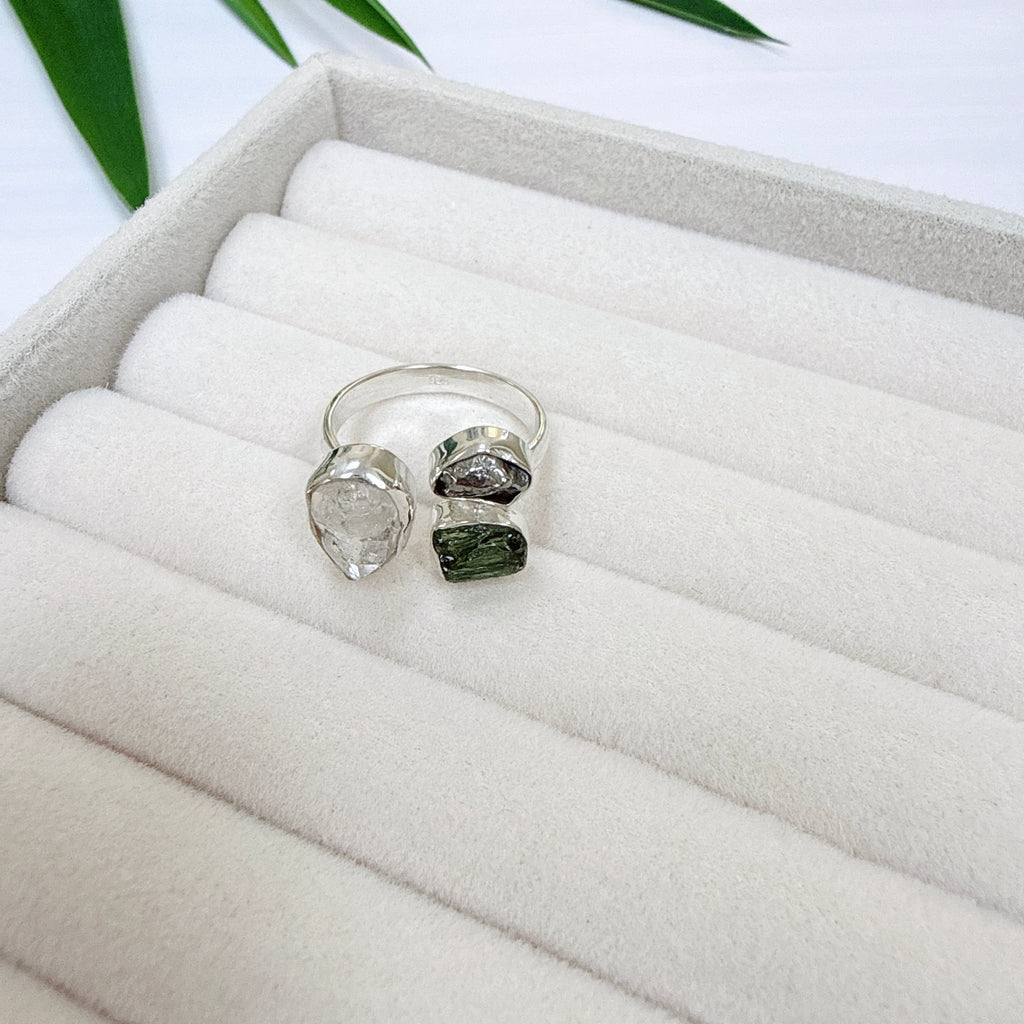 Moldavite, Herkimer Diamond & Meteorite Campo del Cielo Ring
