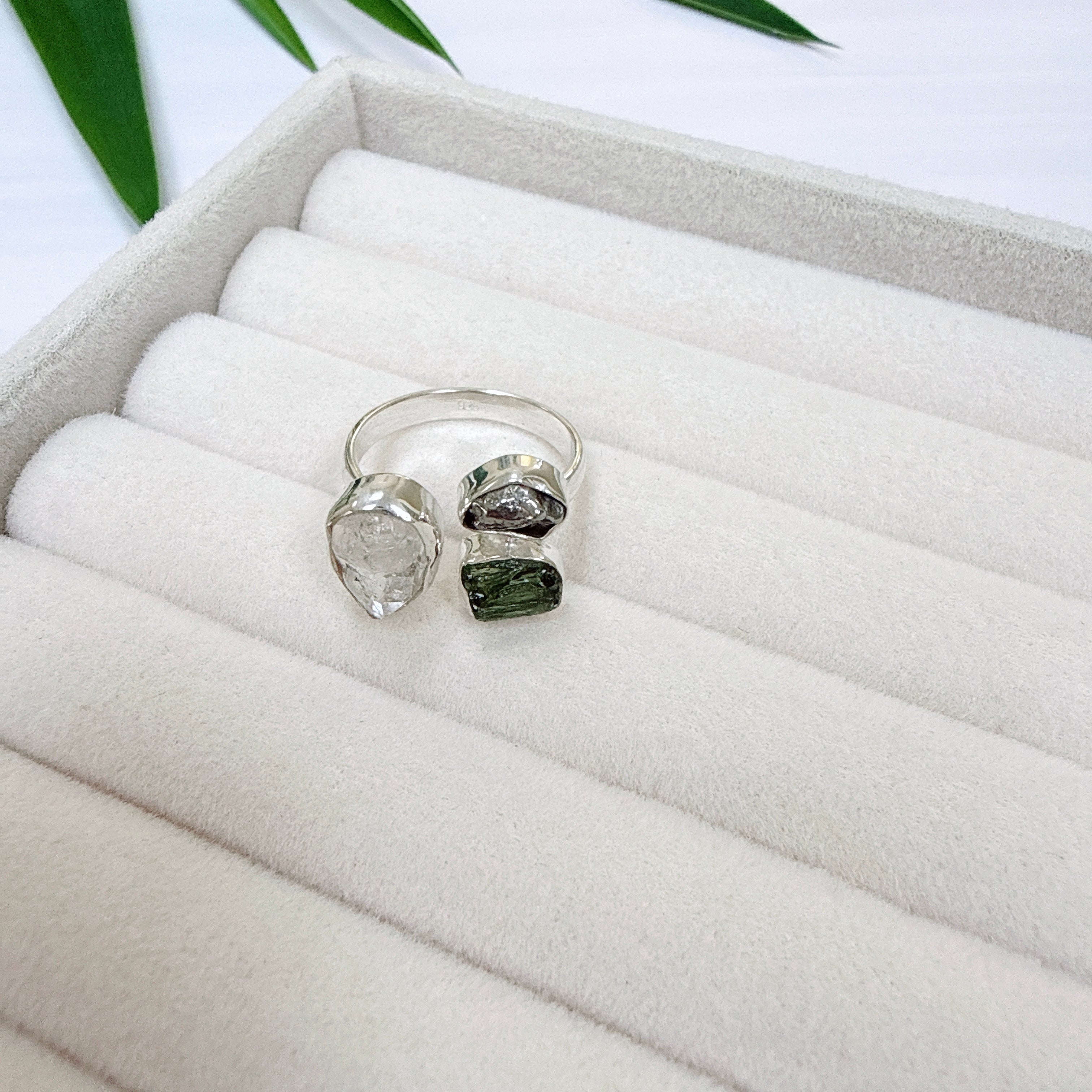 Moldavite, Herkimer Diamond & Meteorite Campo del Cielo Ring