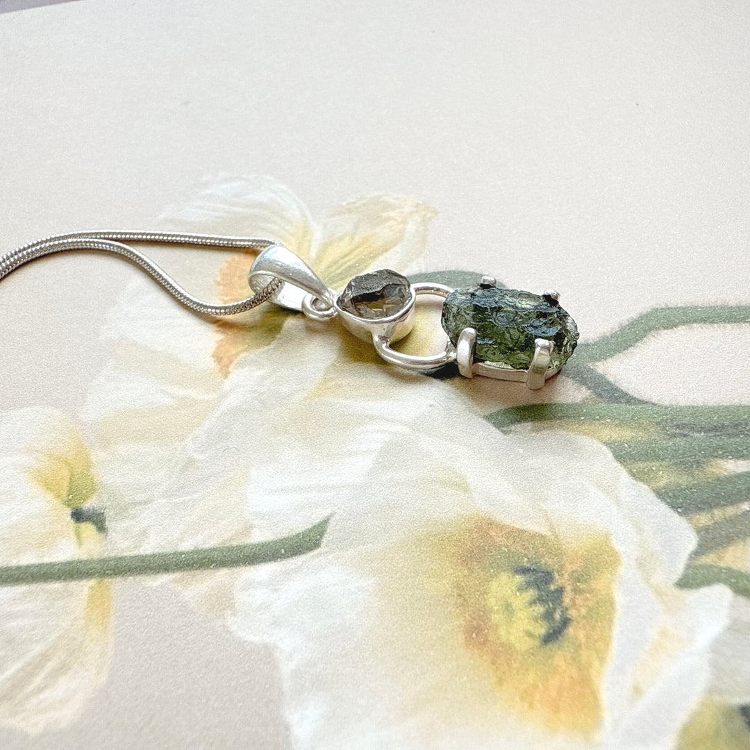 MOLDAVITE & HERKEMIER DIAMOND PENDANT