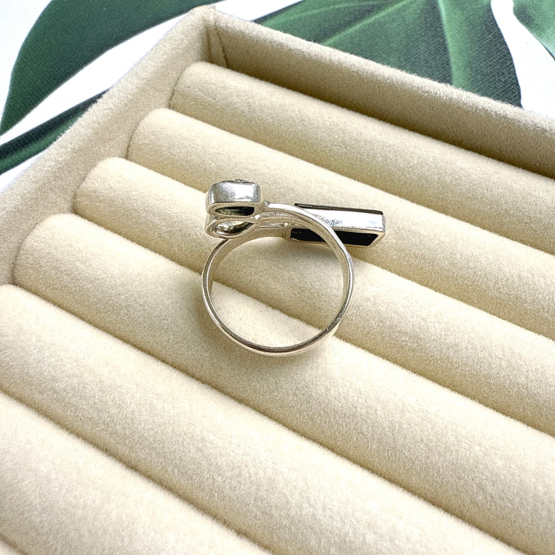 Moldavite, Herkimer & Black Tourmaline Ring