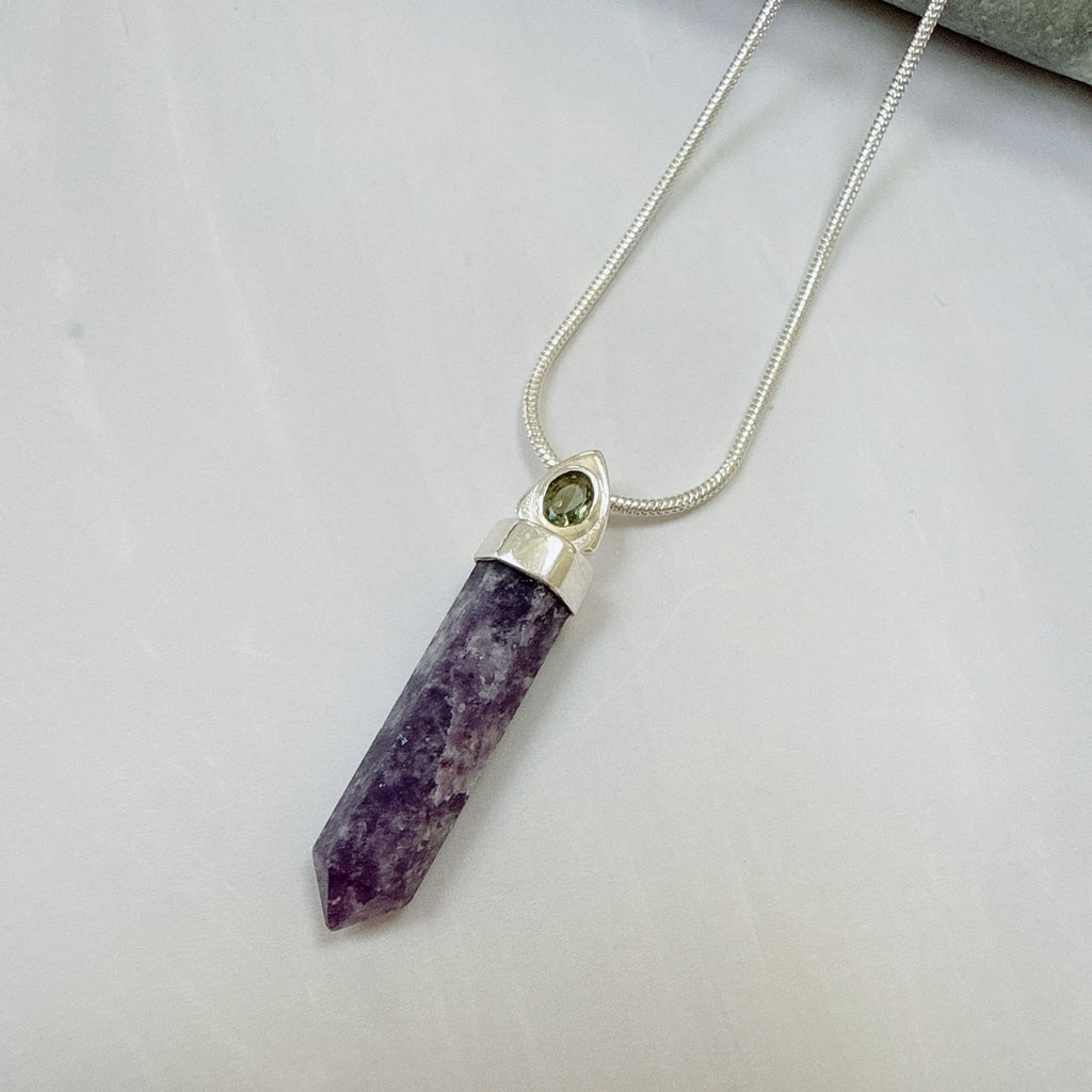 Purple Lepidolite Worry Stone & Moldavite Faceted Pendant