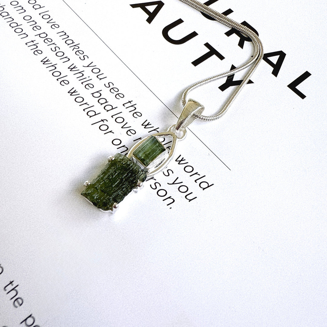 Moldavite & Green Tourmaline Pendant