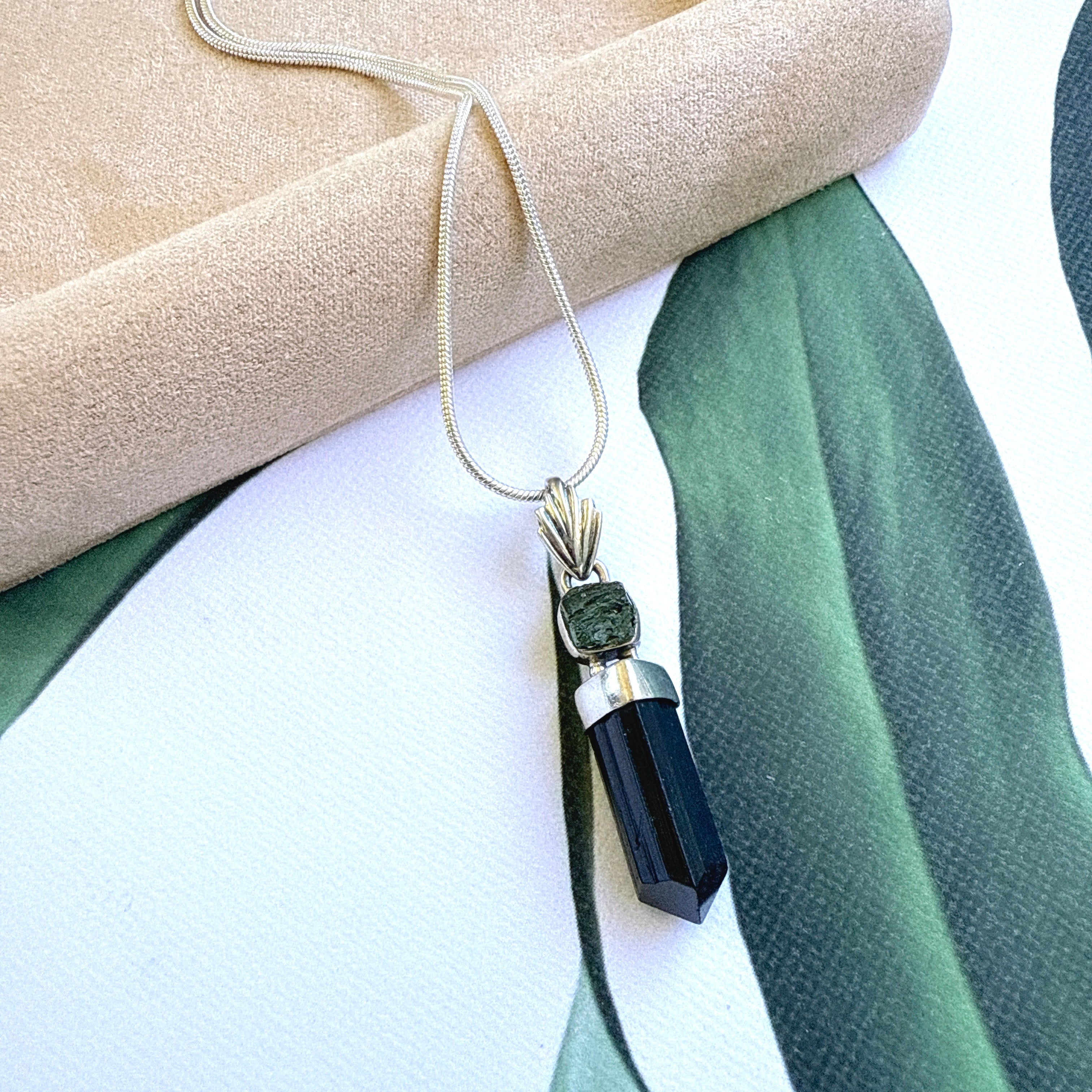 MOLDAVITE & BLACK TOURMALINE PENDANT
