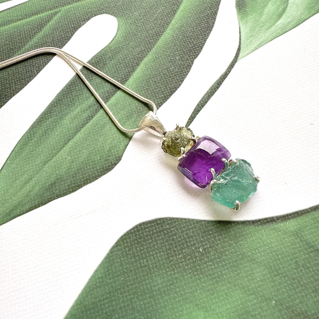 Moldavite, Amethyst & Neon Blue Apatite Pendant