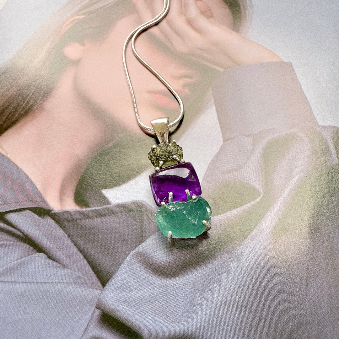 Moldavite, Amethyst & Neon Blue Apatite Pendant