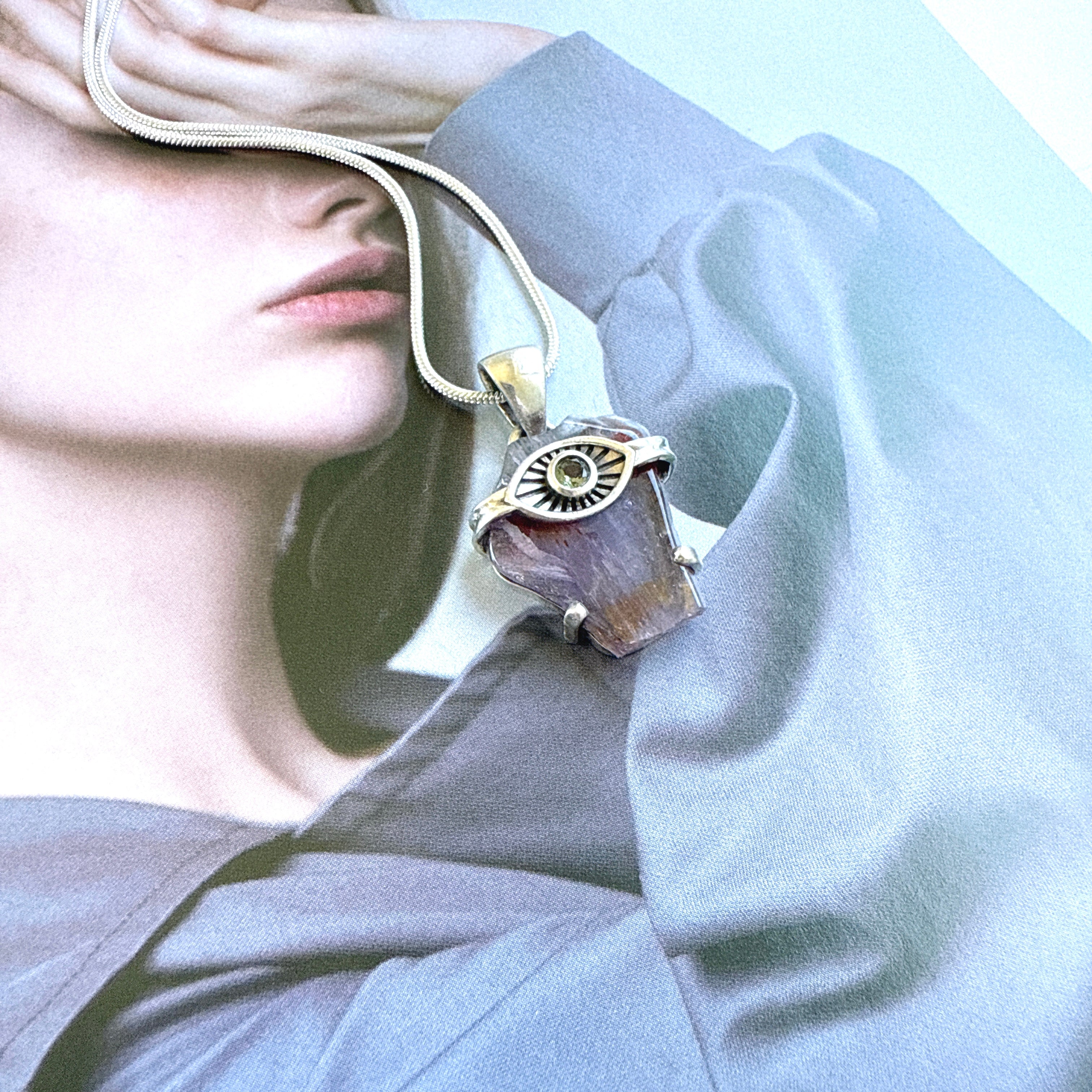 Evil Eye Pendant with Moldavite & Caxonete