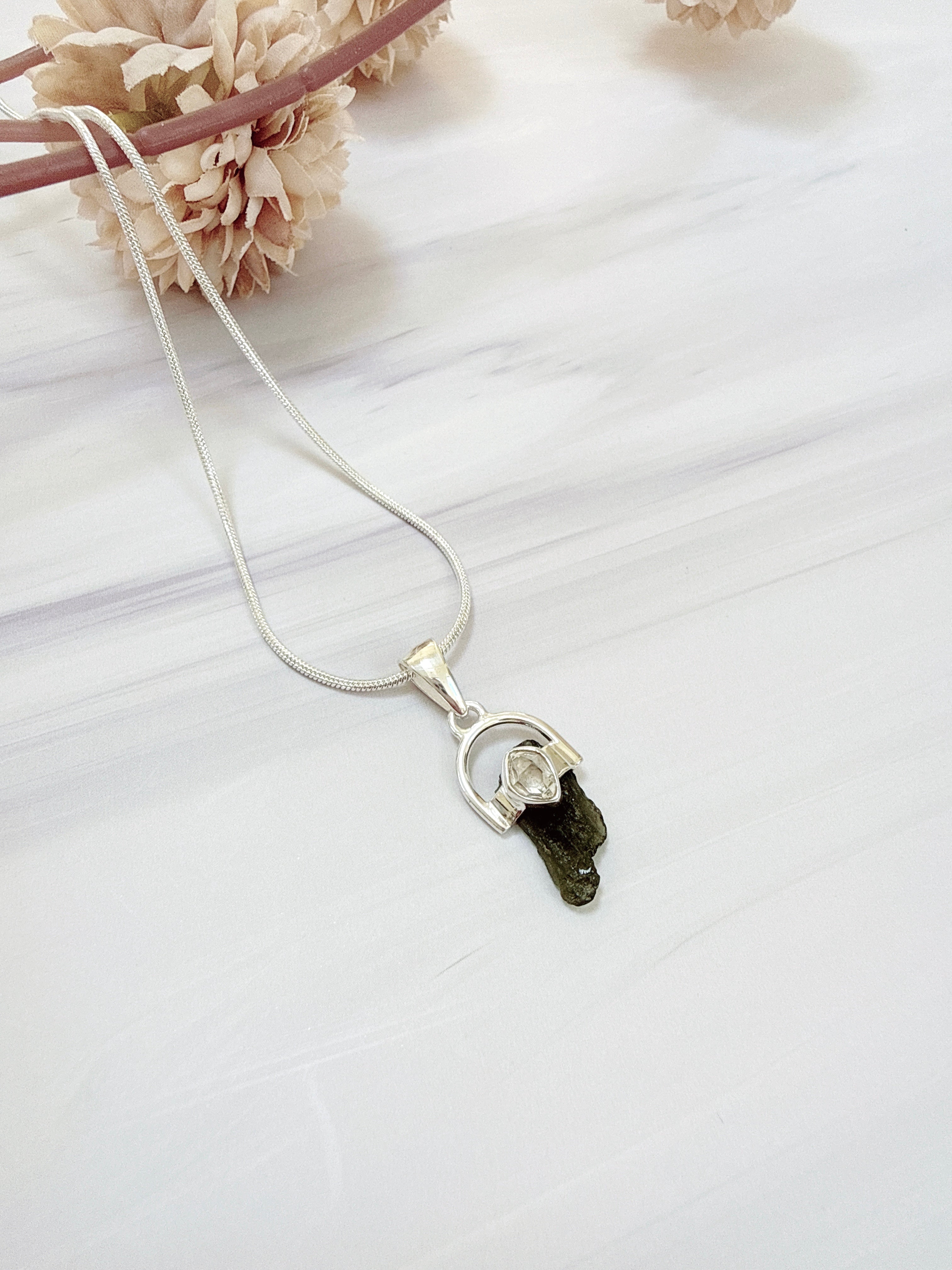 Moldavite with Herkimer Diamond Pendant