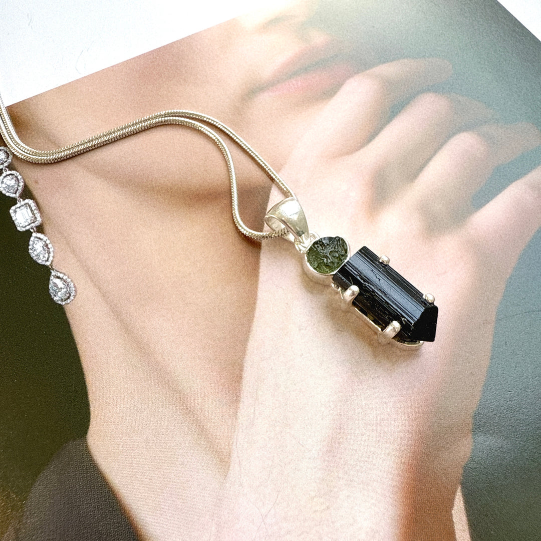 Moldavite & Black Tourmaline Pendant