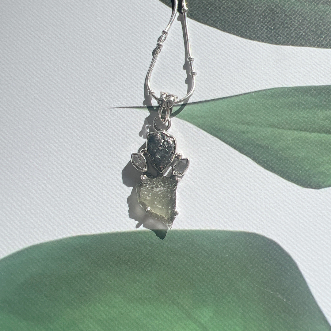 MOLDAVITE, HERKIMER DIAMOND, METEORITE CAMPO DEL CIELO PENDANT