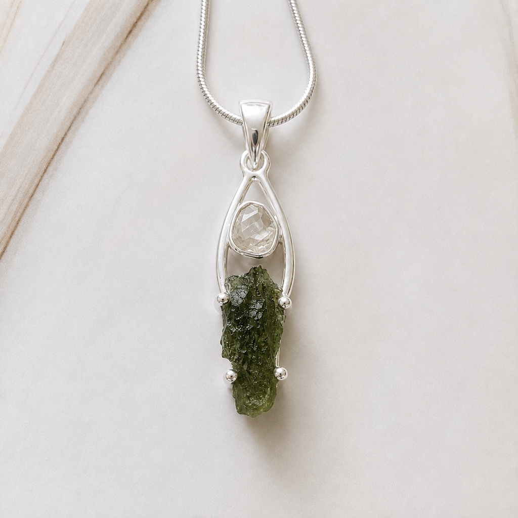 Moldavite with Herkimer Diamond Pendant