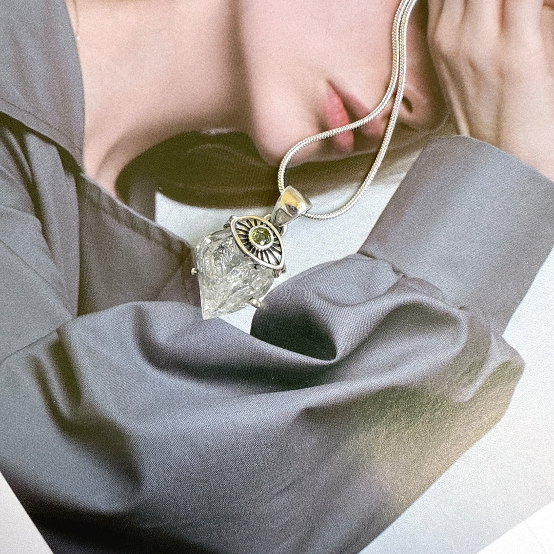 Moldavite & Herkimer Diamond Evil Eye Pendant